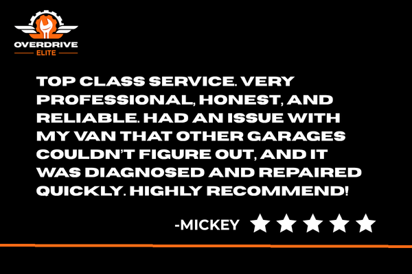 Review of Overdrive Elite service with a five-star rating on a black background