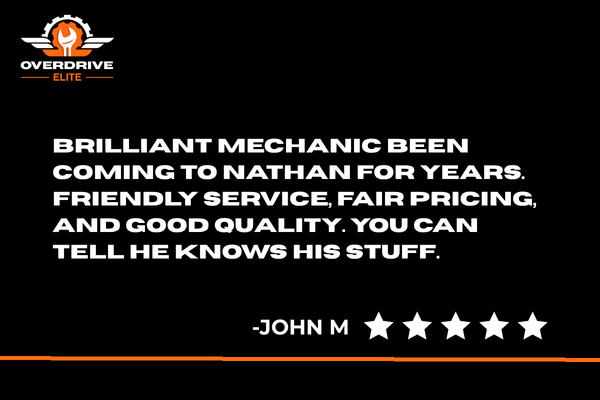 Review of a mechanic service with Overdrive Elite logo and five-star rating.
