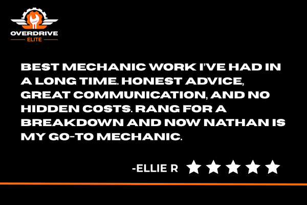 Review of Overdrive Elite mechanic service with a five-star rating on a black background and logo
