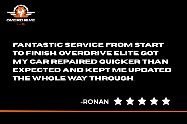 Review of Overdrive Elite car repair service with a five-star rating on a black background with orange stripe