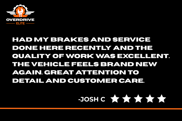 Positive review of brake repair with Overdrive Elite logo and five-star rating.