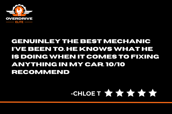 Positive review of a mechanic with Overdrive Elite logo and five-star rating. Black background and logo